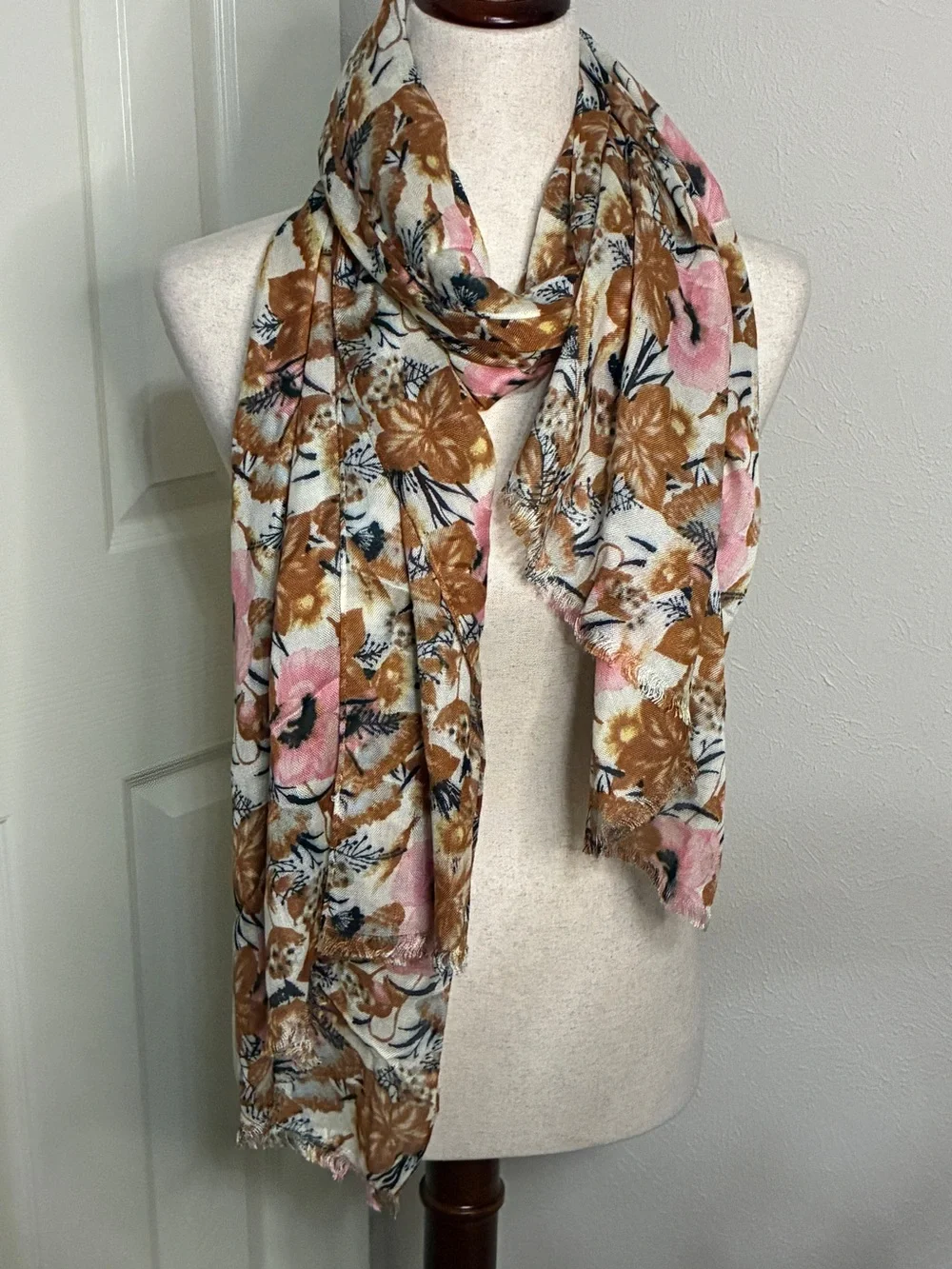 Floral Botanical Scarf Wrap 25” x 68” Blush Pink Camel Brown Lightweight Shawl